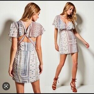 Marciano Beige Gypset Boho Chic Floral Geo Ruffle Cocktail Dress- Size 4- NWTs